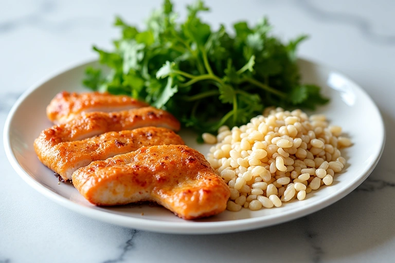 Plato de comida equilibrada con vegetales, proteínas y granos