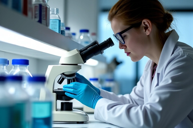 Biólogo examinando muestras en un laboratorio, simbolizando investigación científica.