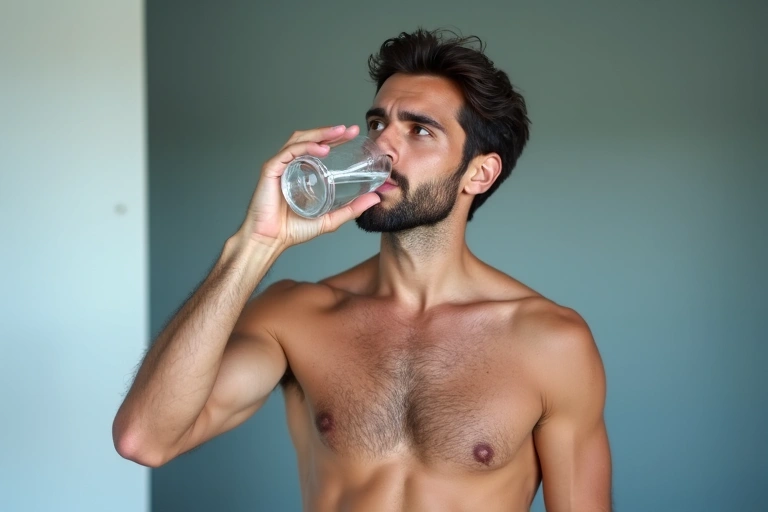 Hombre bebiendo agua fresca después de hacer ejercicio, simbolizando hidratación y salud.