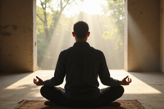 Hombre meditando en un entorno tranquilo, simbolizando la gestión del estrés.
