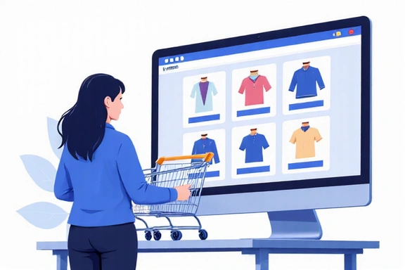 Ilustración de una persona navegando en una tienda online con artículos en el carrito.