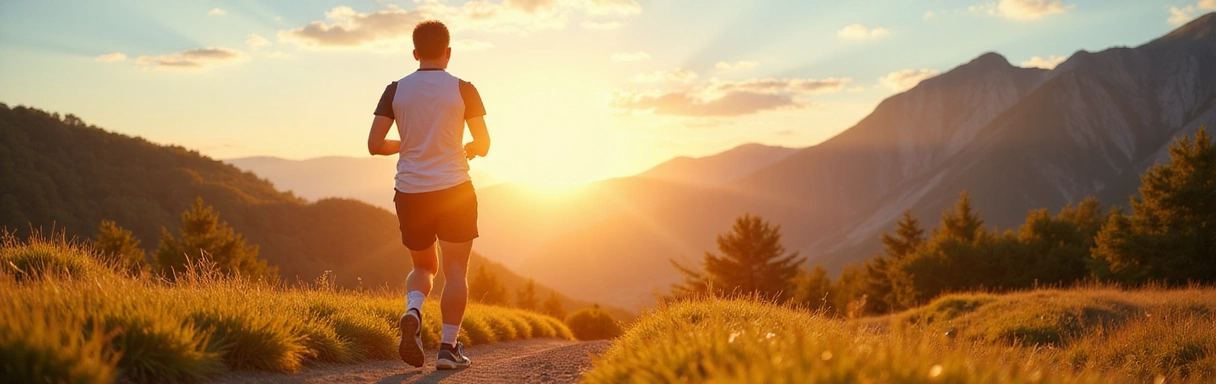 Hombre atlético y vital, corriendo al aire libre en un paisaje natural, simbolizando energía y bienestar. Sin texto.