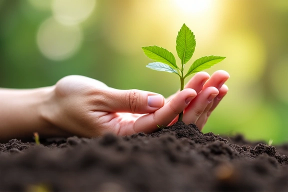 Mano sosteniendo una planta pequeña que crece de la tierra, simbolizando el origen natural y la sostenibilidad.