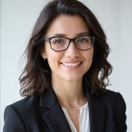 Retrato profesional de una mujer sonriente con cabello oscuro y gafas, vestida con un blazer formal.