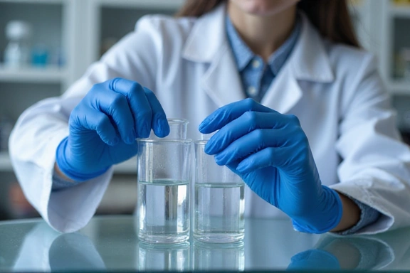 Un primer plano de manos con guantes de laboratorio manipulando tubos de ensayo, simbolizando el control de calidad y la ciencia detrás de los productos.